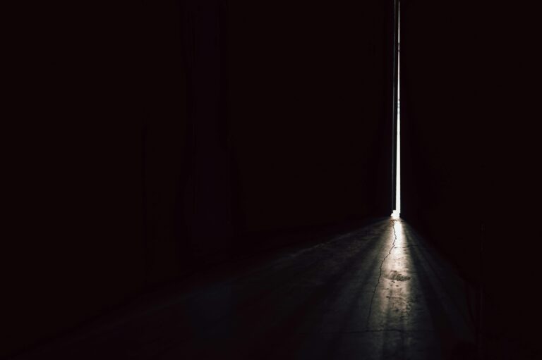 A narrow beam of light piercing through a dark room from a slightly open door.
